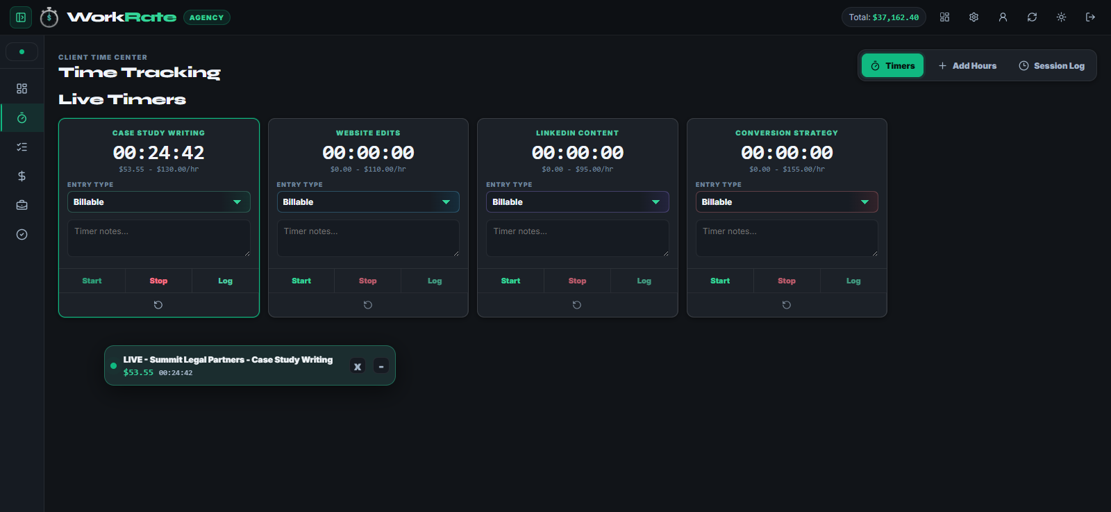 WorkRate time tracking screen with live timers, billing type controls, notes, and a floating active timer ticker.